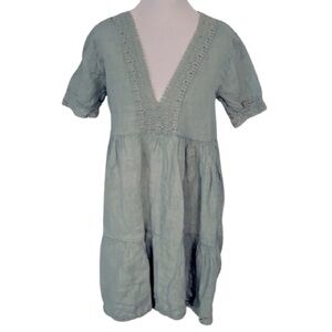 100% Linen ELENA BALDI Dress Medium Green Seafoam Cotton Boho Cottagecore Sage
